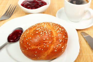 Bread Roll, Coffee, Jam. Continental Breakfast.