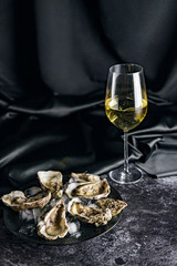 Opened oysters and white wine on stone table