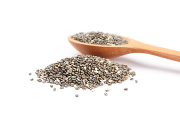 Chia seeds and wooden spoon isolated on white background