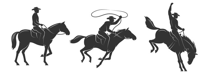 Cowboy rides a horse and throws a lasso. Cowboy on the rodeo. Vector silhouette illustration. - obrazy, fototapety, plakaty