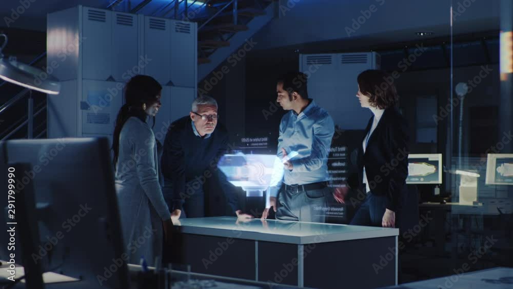 Poster Group of Civil Engineers Work with Holographic Augmented Reality 3D Wind Turbine Model. Technologically Advanced Office Professional People Use Virtual Reality Modeling Software Application.