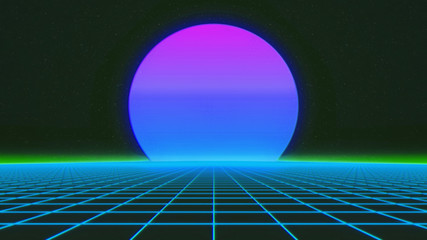 Futuristic retro landscape of the 1980. Futuristic 3d illustration