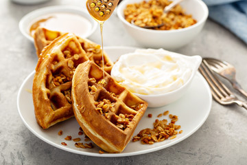 Breakfast waffles with honey, yogurt and granola
