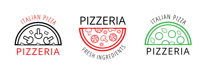 Collection of isolated vector pizza logos for cafe, restaurant, delivery, pizzeria, bakery. Emblems with mushrooms, mozzarella, pepperoni, basil, olives, feta. Brand design for food company products