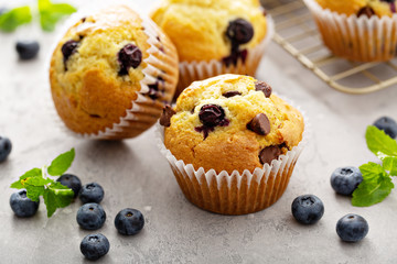 Chocolate chip and blueberry muffins with milk