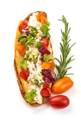 Spanish Tapas and Pinchos with cottage cheese, zucchini, cucumber, tomatoes, olives and herbs, Italian Bruschetta, isolated on white background