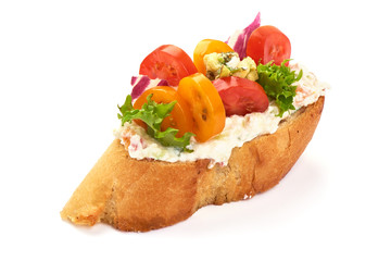 Spanish Tapas and Pinchos with cottage cheese, tomatoes, garlic and herbs, Italian Bruschetta, isolated on white background