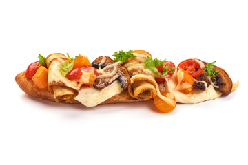 Spanish Tapas and Pinchos with cottage cheese, tomatoes, champignon mushrooms, garlic and herbs, Italian Bruschetta, isolated on white background