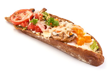 Spanish Tapas and Pinchos with cottage cheese, tomatoes, champignon mushrooms, grated cheese, garlic and herbs, Italian Bruschetta, isolated on white background