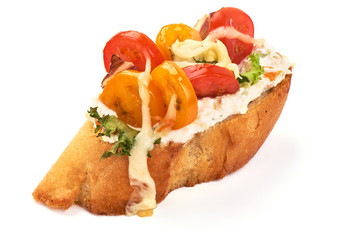 Spanish Tapas and Pinchos with cottage cheese, tomatoes, garlic and herbs, Italian Bruschetta, isolated on white background