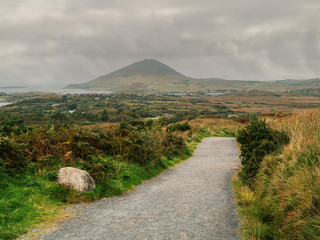 Path in Connemara National park with beautiful view on surrounding landscape, county Galway, Ireland,