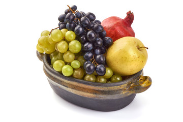 Sweet fresh juicy fruits, apples, grapes, grapefruit, isolated on white background