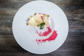 top view on delicious restaurant dessert trendy decorated with mint