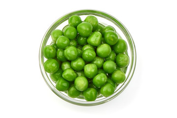 Fresh green peas in a bowl, isolated on white background