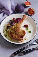 Roasted duck with celeriac puree and beetroot, sprinkled with pumpkin seeds