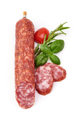 Smoked pork Sausage, Dry-cured meat, isolated on white background