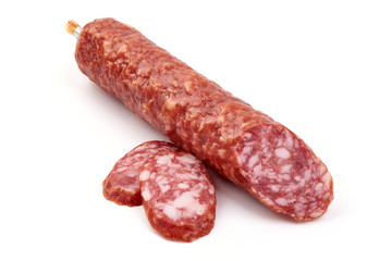 Smoked pork Sausage, Dry-cured meat, isolated on white background