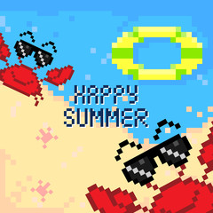 8-bit picture Red Crab showing its Claws with Happy Summer Text and the view of beach pixel art Cartoon Vector