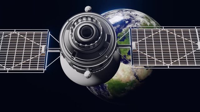 Space satellite communication orbiting Earth globe. Slowly moving. Full hd resolution 3d animation. Elements of this render are furnished by NASA.