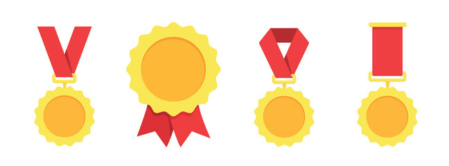 Gold, silver, bronze medal. 1st, 2nd and 3rd places. Trophy with red ribbon. Flat style - stock vector. - obrazy, fototapety, plakaty