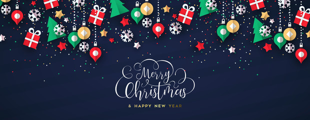 Fototapeta na wymiar Merry christmas banner of paper art holiday icons