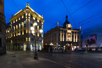 Fototapeta na wymiar Palace of the Assicurazioni Generali in Piazza Cordusio at twilight time.