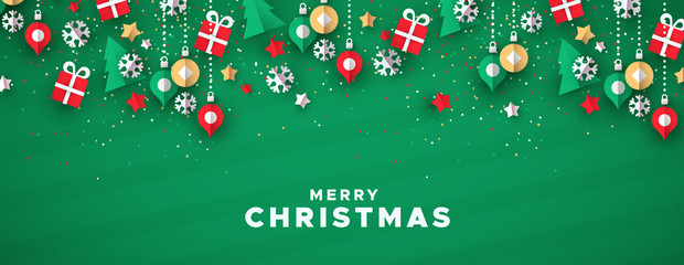 Merry christmas banner of paper art holiday icons