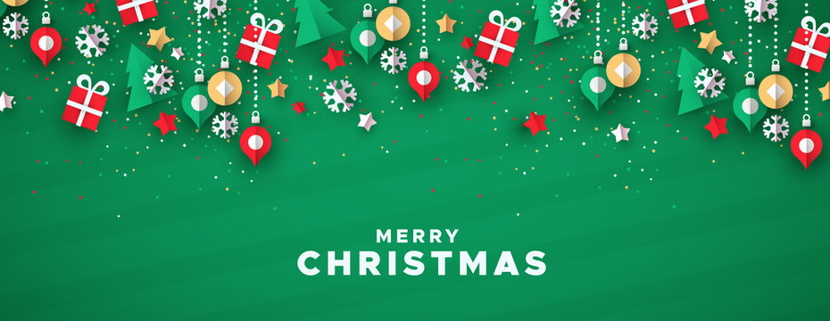 Merry christmas banner of paper art holiday icons