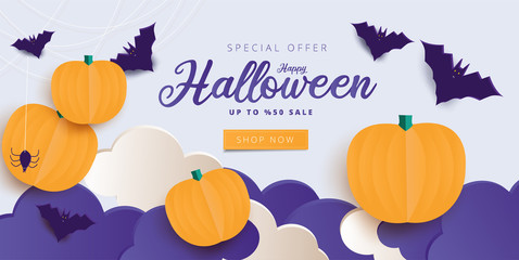 Happy Halloween calligraphy with spiders, bats and pumpkins. banners party invitation.Vector illustration.