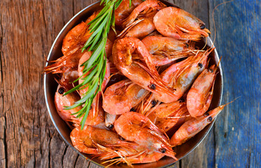 Shrimps close-up. Fried prawns in a pan.