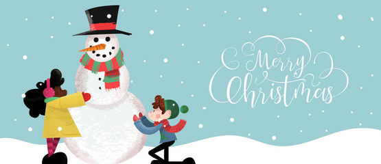 Christmas banner of cute children making snowman