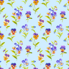 Seamless pattern of pansies on a pale blue background, watercolor illustration. Floral print for fabric and other designs.