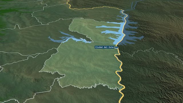 Alto Paran&aacute; - department of Paraguay with its capital zoomed on the physical map of the globe. Animation 3D