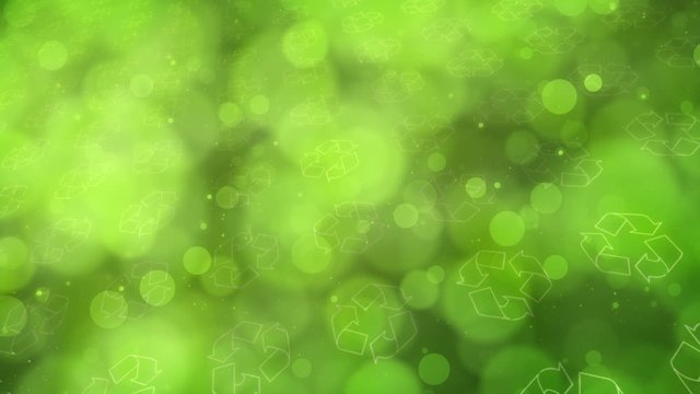 Eco recycle symbols on blurry circle nature bokeh animation background.