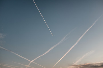 Fototapeta na wymiar sky landscape with trace of lines left by airplanes