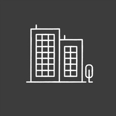 Multi-storey building chalk icon. Apartment houses and tree. Multistorey housing, modern condo. City accommodation, hotel, business center exterior. Isolated vector chalkboard illustration