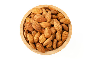 Almonds in a wood bowl on white background