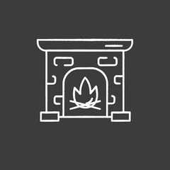 Fireplace chalk icon. House heating. Interior element, furniture in vintage style. Mantelpiece, hearthstone, home coziness, room fire place. Isolated vector chalkboard illustration