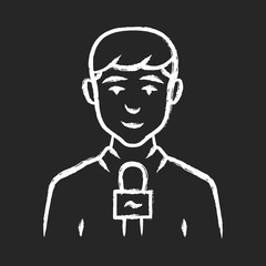 Reporter man chalk icon. TV presenter, interviewer with microphone. Journalist taking interview. Newscaster reporting breaking news. Television announcer. Isolated vector chalkboard illustration