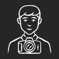 Photojournalist chalk icon. Photographer, paparazzi. Making snapshot. Professional media reporter, correspondent. Journalist taking picture. Isolated vector chalkboard illustration