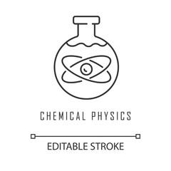 Chemical physics linear icon. Laboratory scientific research. Chemical substance in flask. Lab experiment. Thin line illustration. Contour symbol. Vector isolated outline drawing. Editable stroke