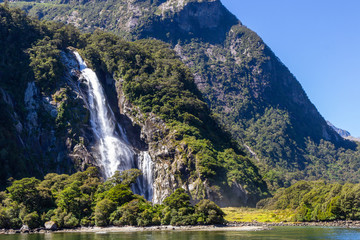 View of one of the Milford sound waterfalls, New Zealand