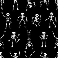 Fototapeta na wymiar Halloween dancing skeletons seamless pattern. Funny white skeletons on the black background. Skeletons dancing at a party. Human skeletons in various poses. Happy Halloween