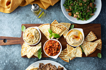 Mediterranean mezze board with pita, hummus, tomato dip and baba ganoush