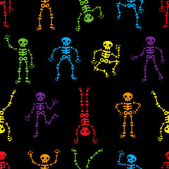Naklejka premium Halloween dancing skeletons seamless pattern. Funny colored skeletons on the black background. Skeletons dancing at a party. Human skeletons in various poses. Happy Halloween
