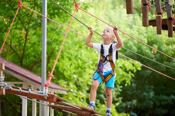 Little boy overcomes the obstacle in the rope park.