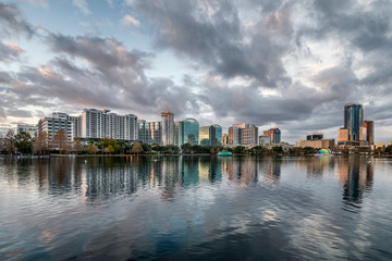 City skyline and Lake Eola, Orlando, Florida, USA.