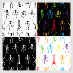 Halloween dancing skeletons seamless pattern. set of Funny colored skeletons on the white background. Skeletons dancing at a party. Human skeletons in various poses. Happy Halloween