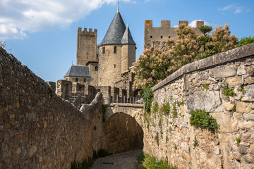 Walls of castle Carcassone , Southern France.