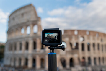 The Colosseum seen through the small screen of an action camera, Rome - Italy